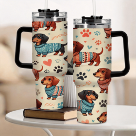 1pc 2D Flat Printed Dachshund Tumbler, Stainless Steel Car Cup with Retro Polka Dot & Paw Print, Cute Vintage Sweater Dog Water Bottle (Color: Black, Capacity: 40oz)