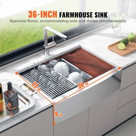 Farmhouse Kitchen Sink, 304 Stainless Steel Drop-In Sinks, Top Mount Single Bowl Basin with Ledge & Accessories (size: 36 inch)